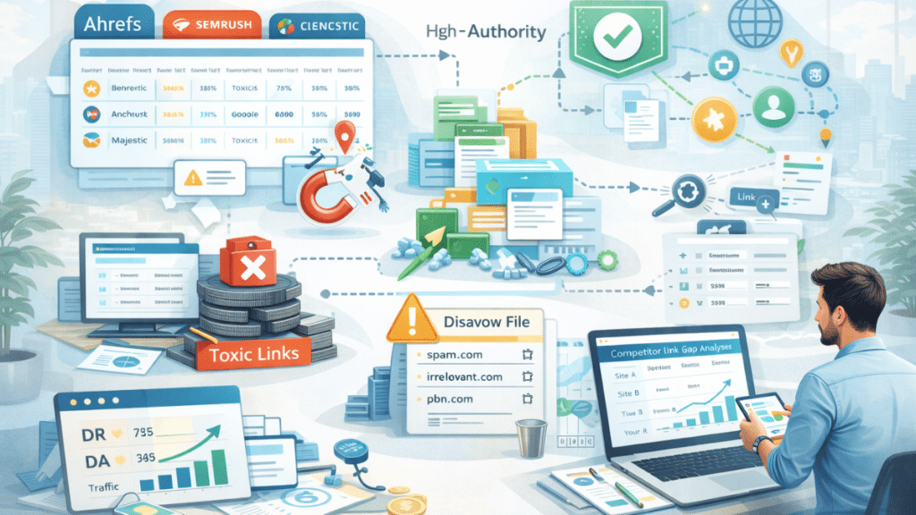 Backlink audit showing toxic link detection, domain authority analysis, anchor text distribution and SEO link building opportunities