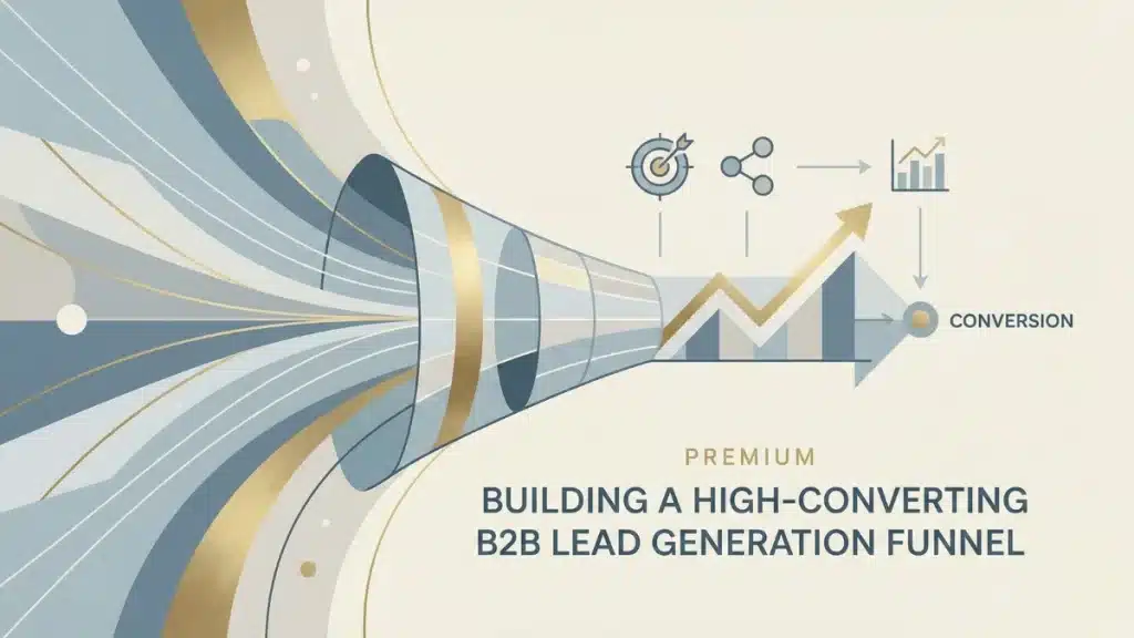 Diagram illustrating a high-converting B2B lead generation funnel from awareness to conversion, including traffic sources, lead qualification, and sales readiness.