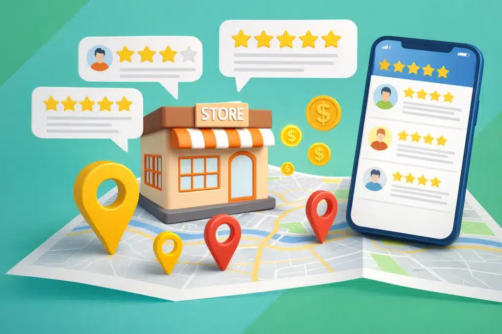 Customer reviews and star rating feedback illustration representing local SEO ranking impact