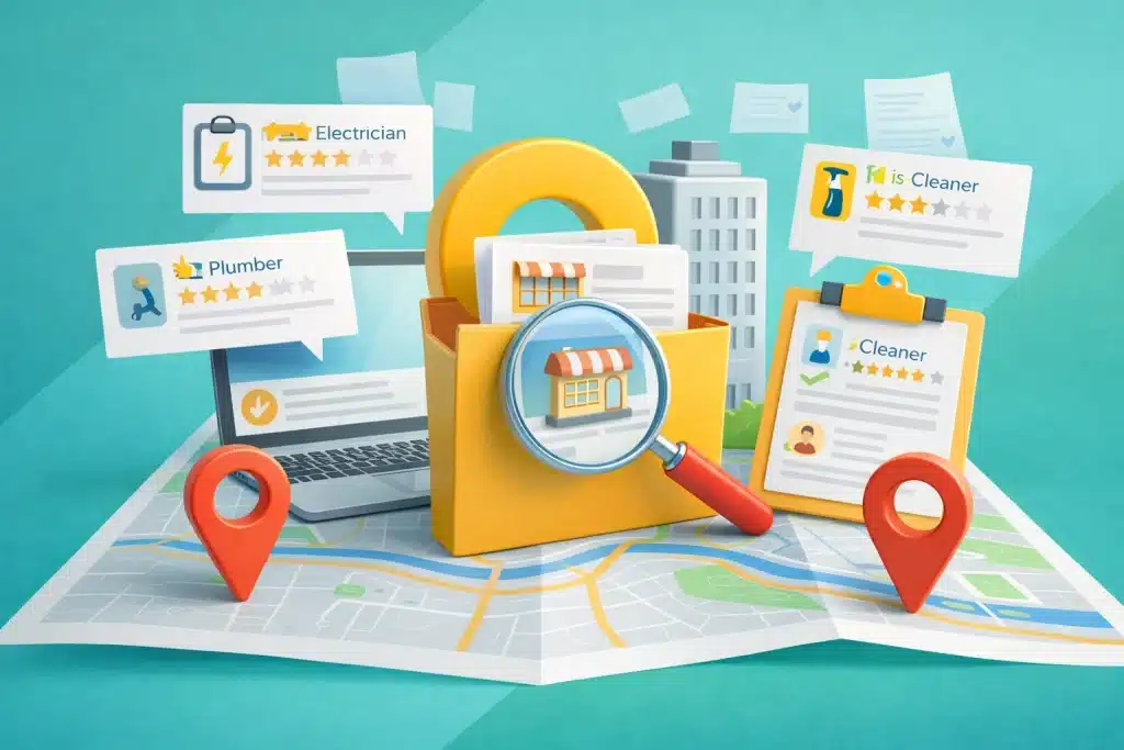 Local citations for service businesses illustrated with business listings, map pins, and directories