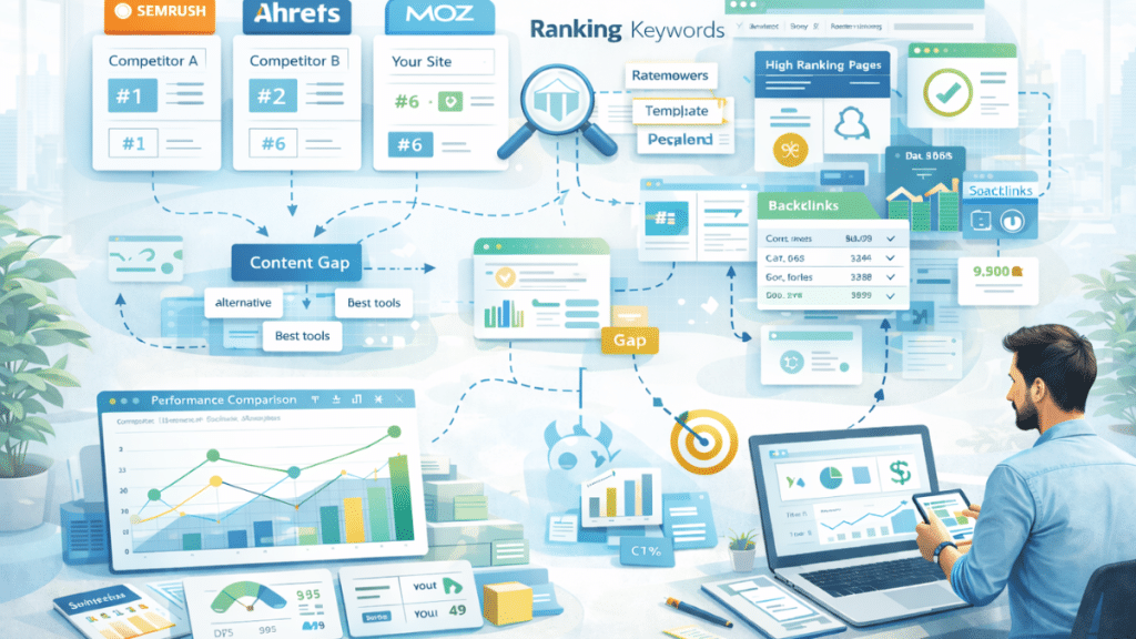 competitive seo analysis showing keyword comparison, content gap detection, backlink authority evaluation and growth opportunities