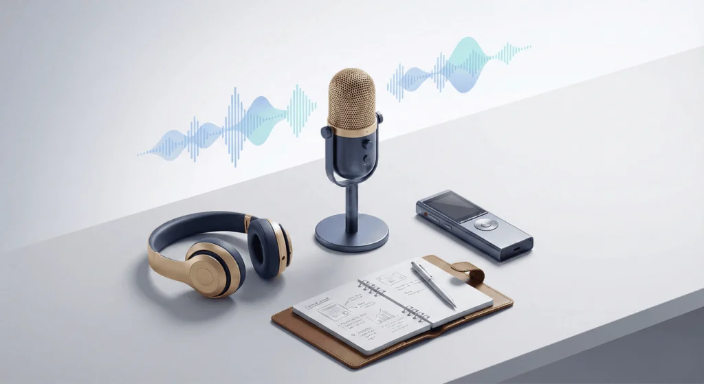 Professional microphone and interview recording tools representing customer interview methodology for buyer persona development