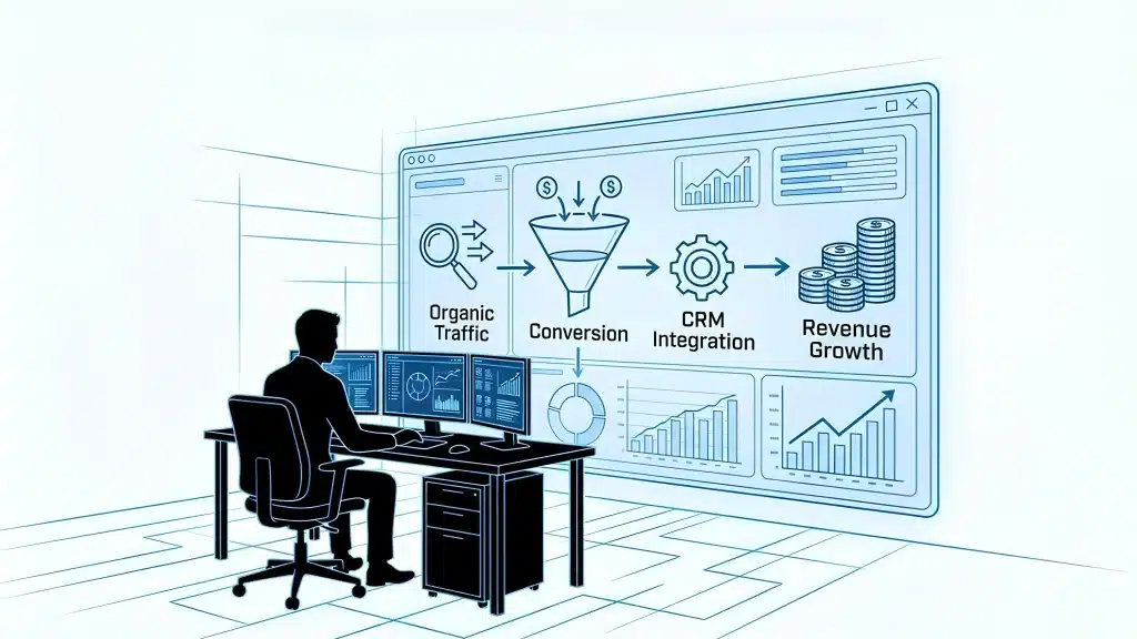 A professional data visualization showing a black silhouette of a strategist reviewing a chart that connects organic search growth to revenue milestones.