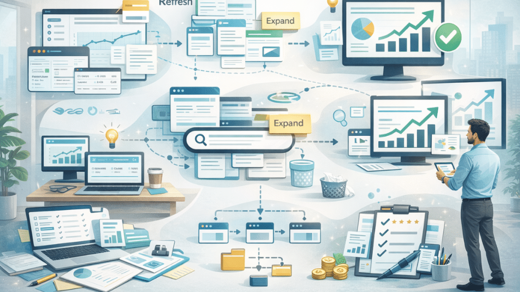 content seo audit workflow showing data analysis, content evaluation, gap detection, internal linking optimization and ranking growth