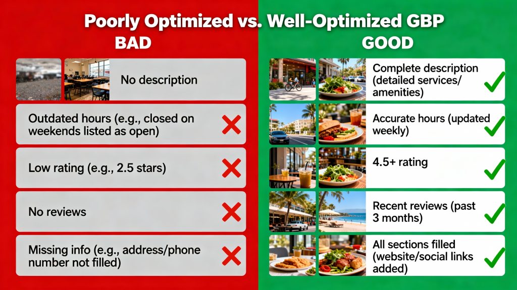 Side-by-side comparison showing a poorly optimized GBP (red/grey, minimal info, no photos) vs. well-optimized GBP (green, full info, many photos, good rating)