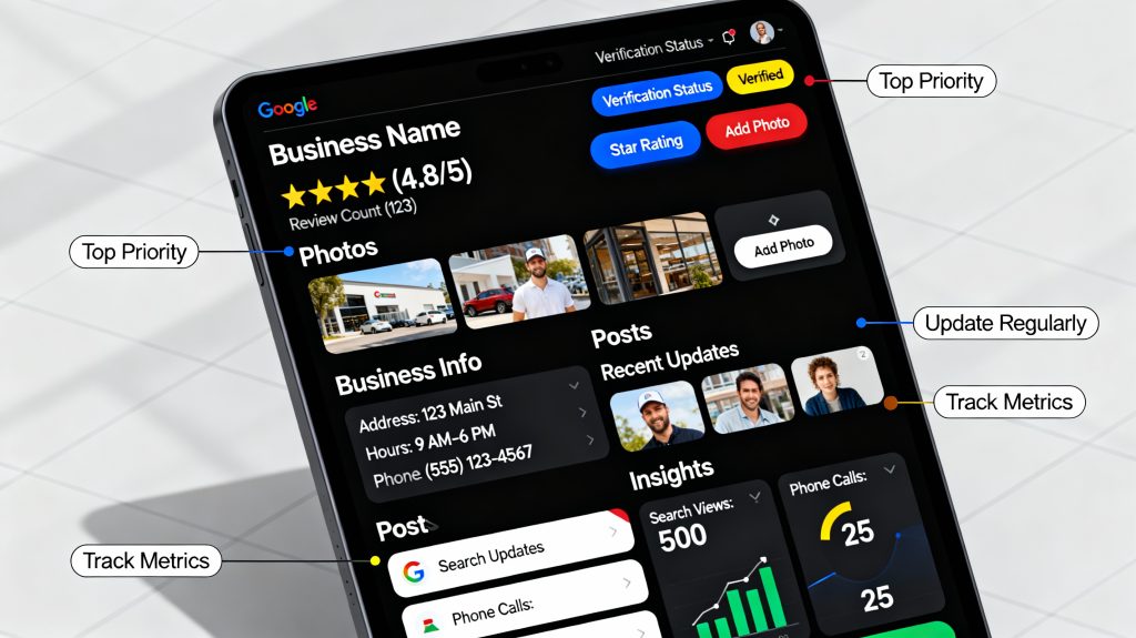 Realistic mockup of the Google Business Profile dashboard showing key sections: verification status, star rating, photos, business info, posts, and insights