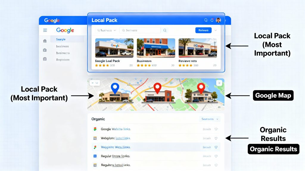Google search results page showing the Local Pack (top 3 businesses), Google Map, and below that organic website results