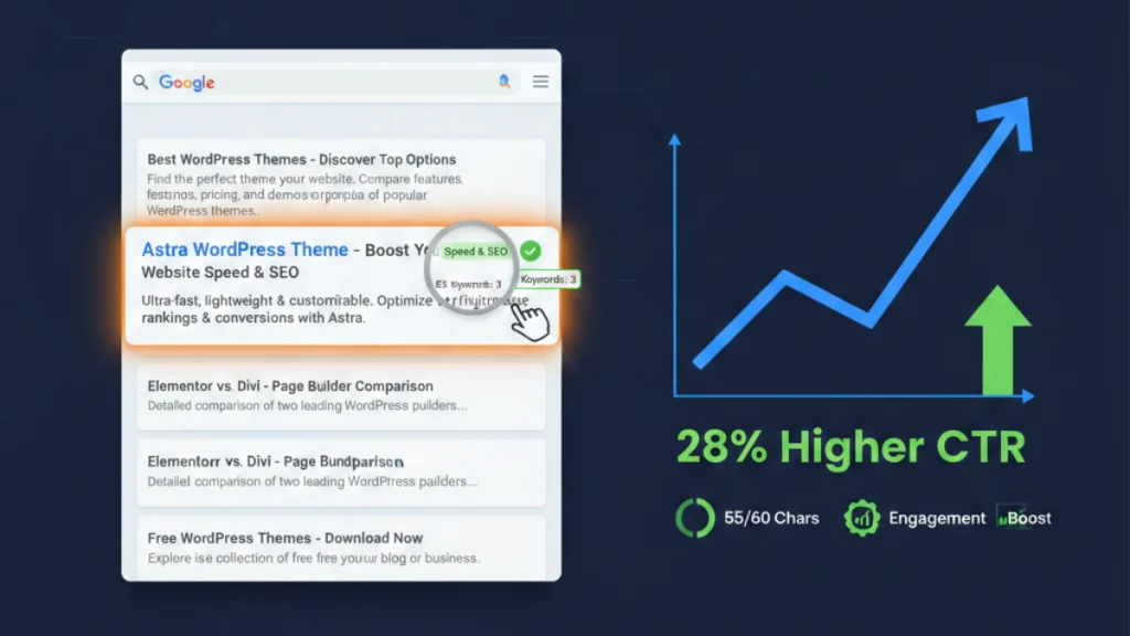 Illustration showing title tag and meta description optimization increasing click-through rate by 20-30%