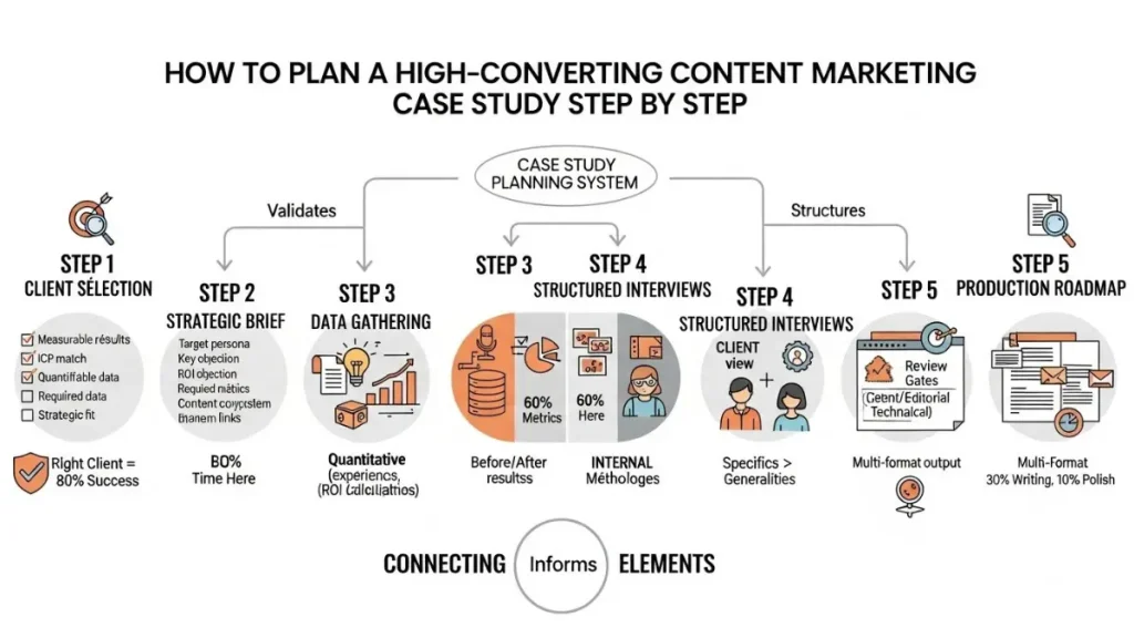 Step-by-step planning flowchart for creating high-converting content marketing case studies, showing client selection, data gathering, strategic briefing, and production workflow from strategy to published asset.