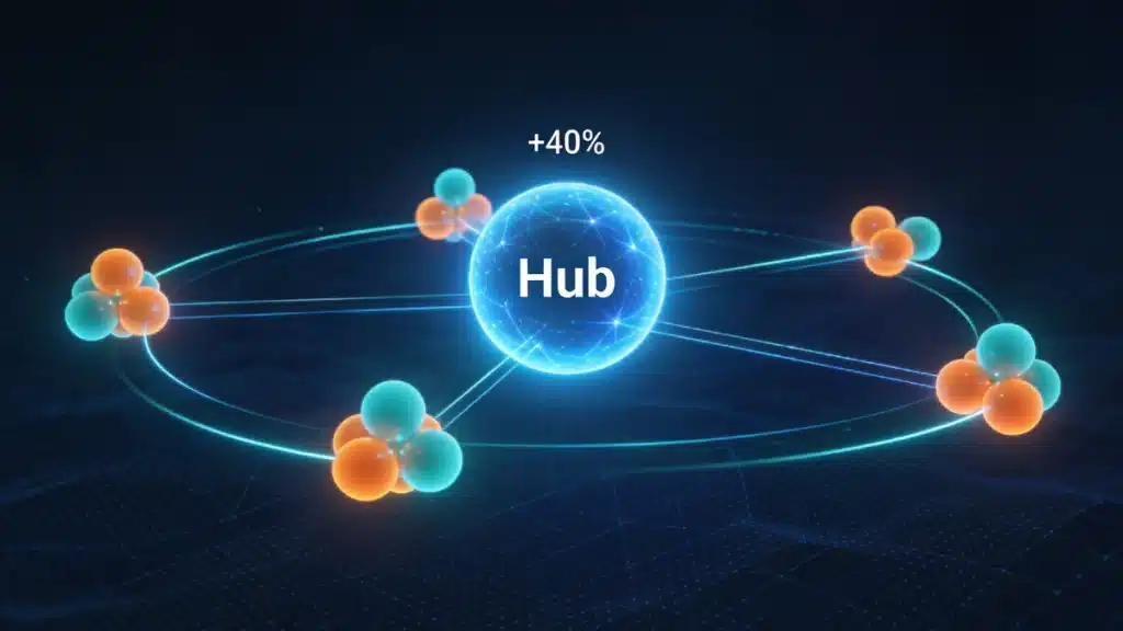 Hub-and-spoke diagram showing strategic internal linking architecture with pillar page and cluster pages for SEO authority building