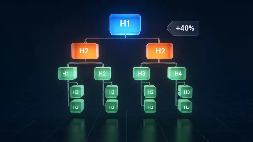 Content structure SEO illustration showing H1-H2-H3 hierarchy, short paragraphs and optimized whitespace