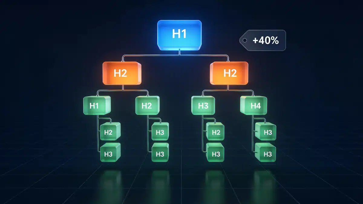 Content structure SEO illustration showing H1-H2-H3 hierarchy, short paragraphs and optimized whitespace