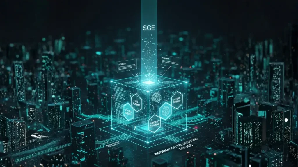 A digital architectural blueprint illustrating Information Architecture for Generative Search (SGE & AEO), with glowing nodes representing structured data, Q&A formats, and content modularity for AI comprehension.