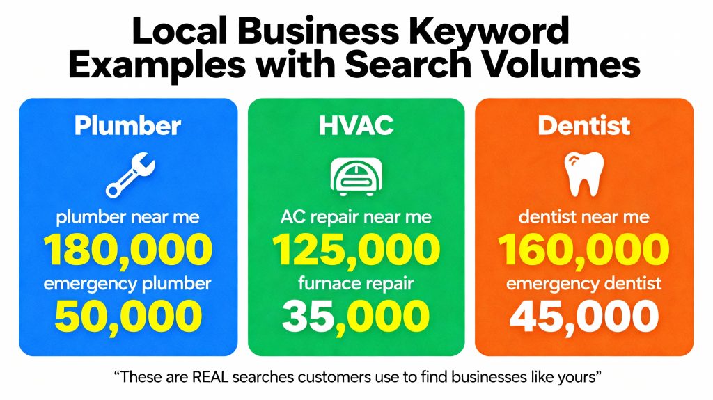Infographic showing local service keywords with real monthly search volumes: "plumber near me" (180,000), "emergency plumber" (50,000), "AC repair near me" (125,000), "dentist near me" (160,000)
