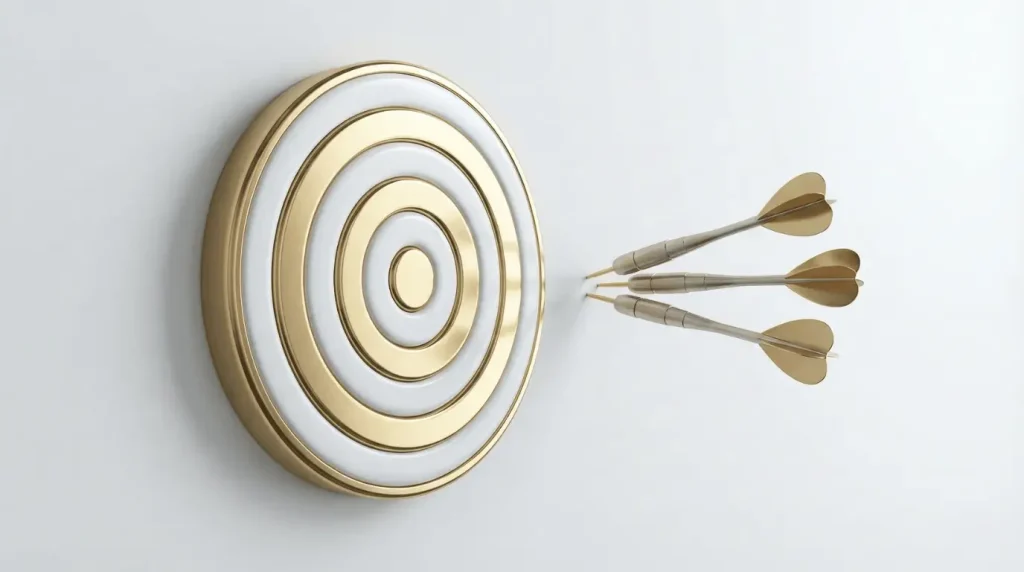 3D conceptual illustration of darts missing a target board, representing B2B buyer persona mistakes and missed audience targeting