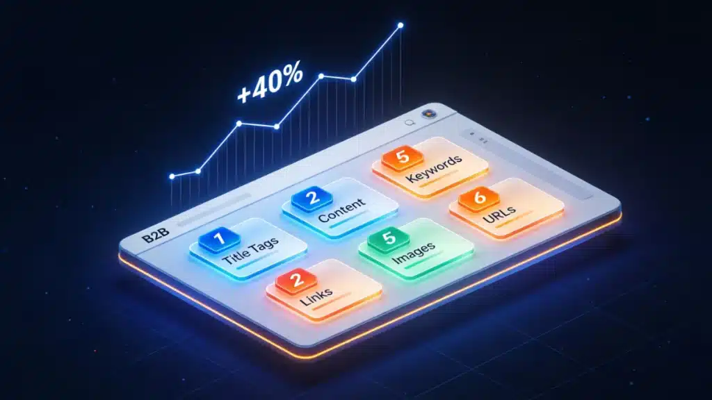 Professional illustration showing 6 key on-page SEO optimization elements for higher Google rankings