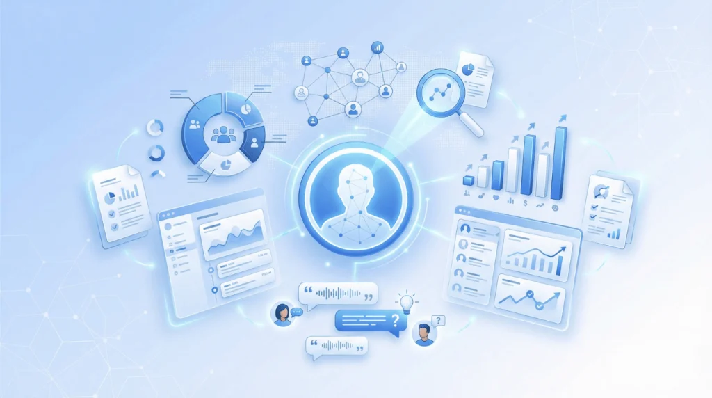 B2B buyer persona development process illustration showing customer data analysis, interview insights, and stakeholder mapping for accurate marketing strategy
