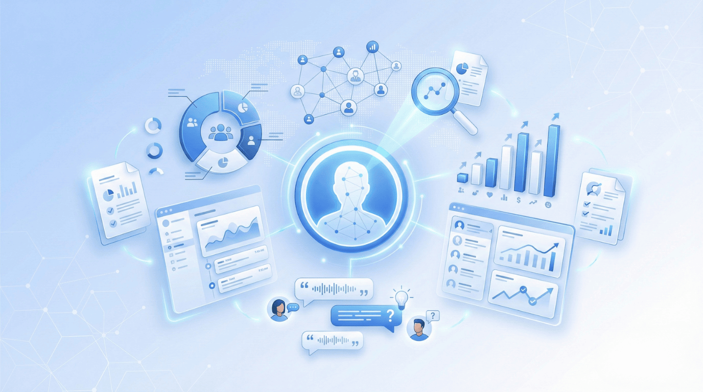 B2B buyer persona development process illustration showing customer data analysis, interview insights, and stakeholder mapping for accurate marketing strategy