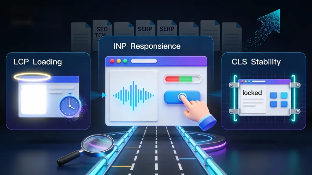 Modern Core Web Vitals dashboard for 2025 showing LCP 2.3s, INP 190ms, CLS 0.07 with mobile and desktop comparisons and a green “Passed” status