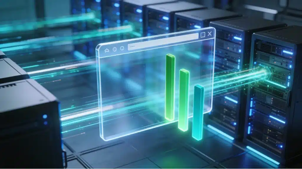 A premium 3D illustration of high-speed data transmission through a fiber optic tunnel representing ultra-fast website loading.