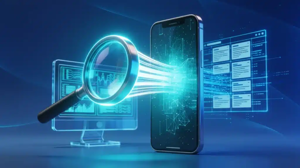 A central 3D smartphone being scanned by a diagnostic lens with a secondary blurred desktop monitor in the background.