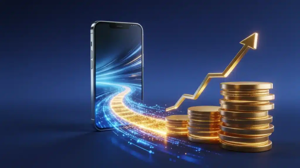 A high-tech 3D bridge transforming cyan digital speed streams into solid golden structures representing business revenue.