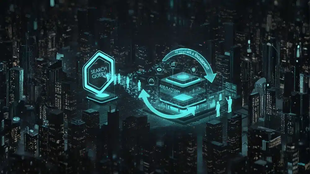 A visualization of the Search Experience Optimization (SXO) process, showing the transition from a search query to high engagement and retention on a B2B platform.