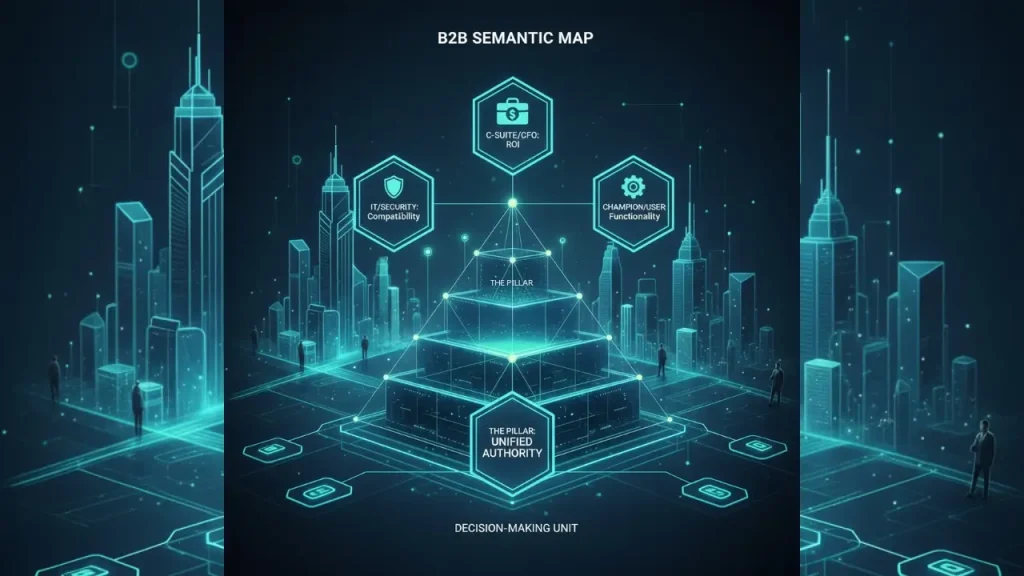 A strategic flowchart illustrating the B2B Decision-Making Unit (DMU) semantic map, showing how different stakeholder intents (Champion, IT, CFO) converge toward a central Pillar of authority.