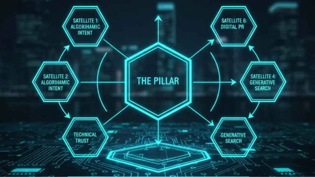 A strategic SEO diagram showing Satellite modules linking back to the central Pillar hub to build B2B authority flow.