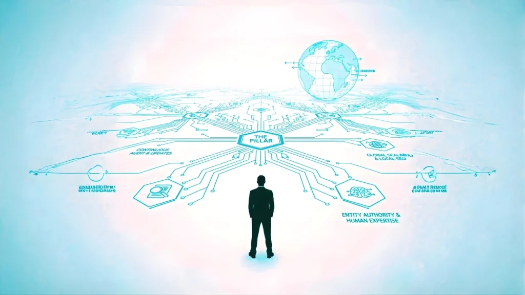 A clean, high-tech architectural blueprint showing the expansion of a digital network into a global landscape, featuring a black silhouette looking toward the horizon.