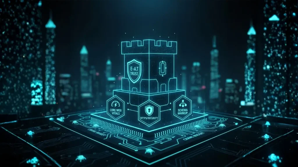 A technical schematic showing the foundation of a B2B SEO strategy, emphasizing Core Web Vitals, HTTPS security, and Structured Data as the bedrock of digital trust.