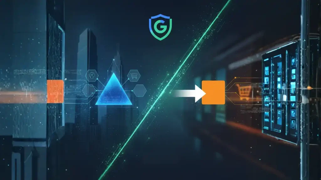 Conceptual illustration of the B2B vs B2C algorithmic dichotomy, showing a digital pyramid where B2B search intent relies on complex authority signals and risk mitigation rather than transactional speed.