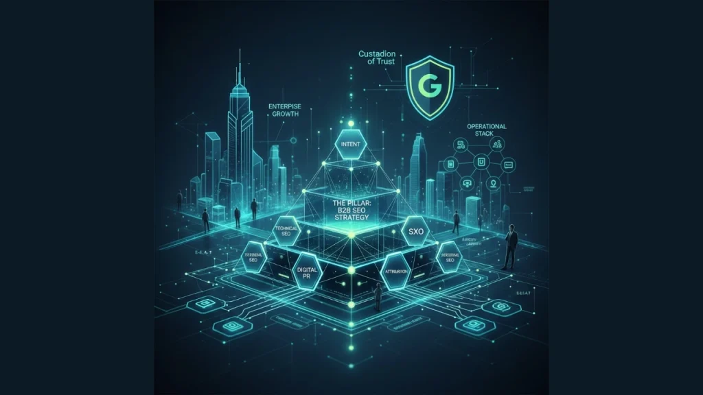 The Foundational Framework of B2B SEO Strategy, illustrated as a luminous digital pyramid (Topic Cluster) in a modern city (Enterprise Growth), connected by data flows to key components: Intent, Technical SEO, Digital PR, SXO, and Attribution, all overseen by the "Custodian of Trust" shield.