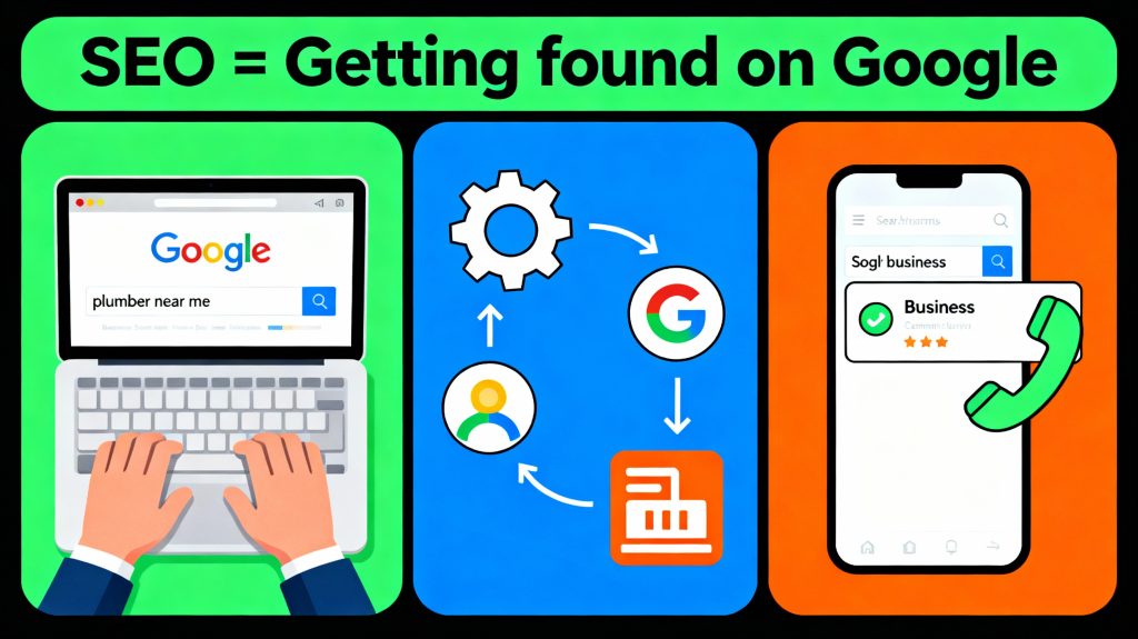 Simple three-step diagram showing customer search, Google matching, and business appearing in results