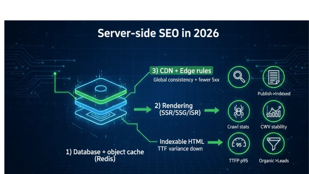 Server-side SEO framework showing database, server config, rendering, and CDN/edge layers improving crawl efficiency, indexing speed, and Core Web Vitals stability in 2026