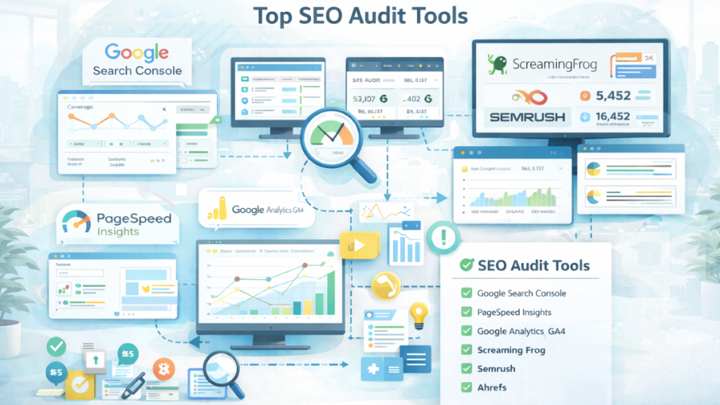 Best SEO audit tools dashboard showing Google Search Console, PageSpeed Insights, GA4, Screaming Frog, Semrush and Ahrefs