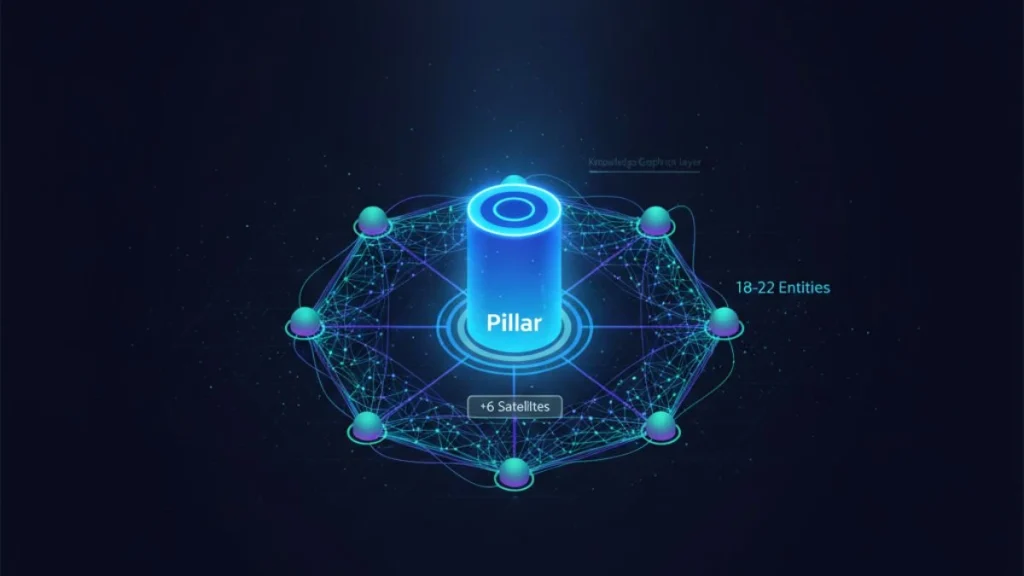Strategic framework diagram showing semantic SEO pillar architecture with entity mapping, content clusters, Knowledge Graph validation, and topical authority building for B2B content strategy