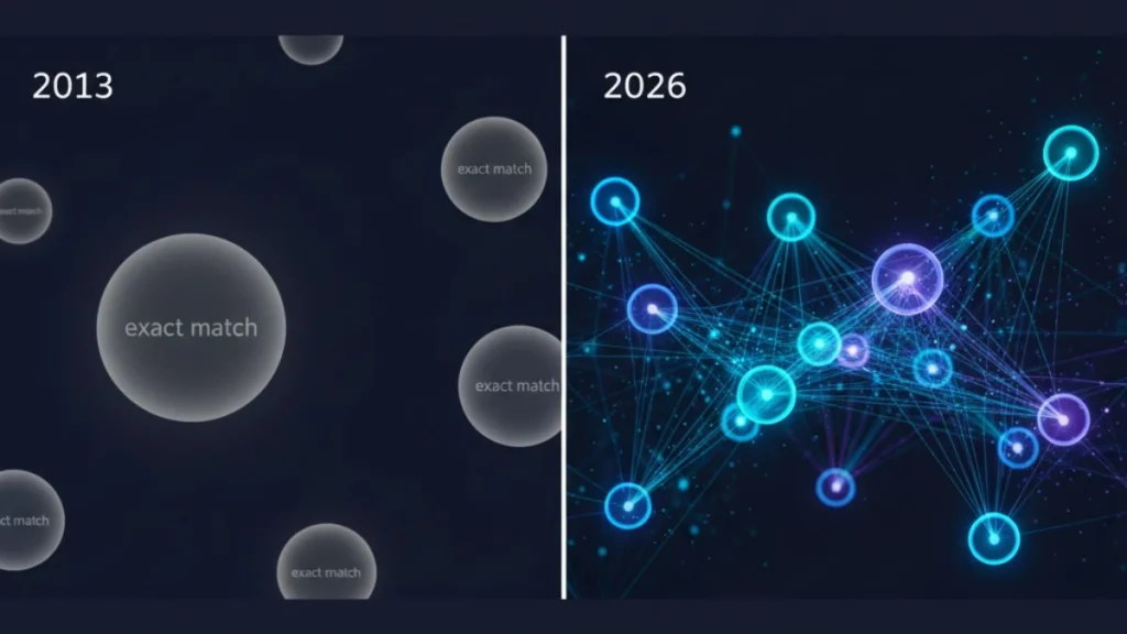 Diagram showing semantic keywords vs traditional keywords with entity relationships and topic clusters for B2B SEO optimization