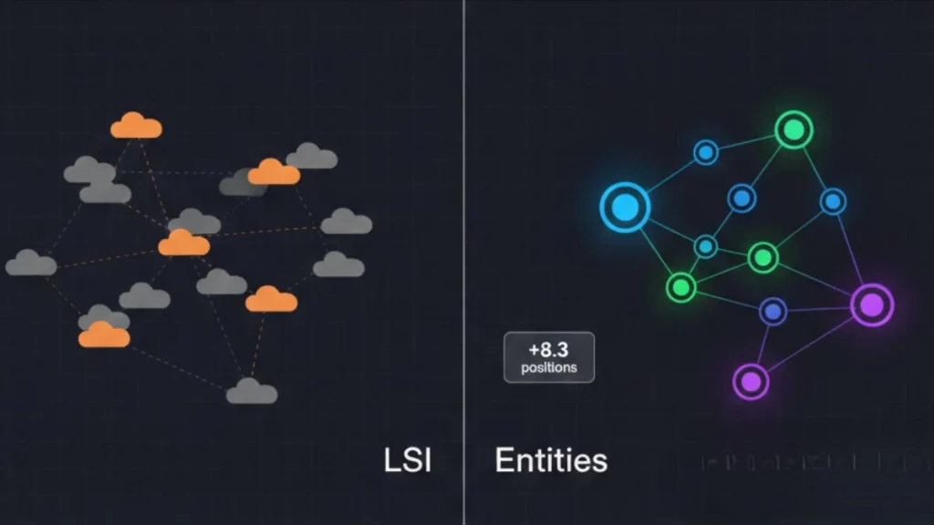 Comparison infographic LSI keywords versus semantic entities showing Knowledge Graph entity relationships for B2B SEO optimization
