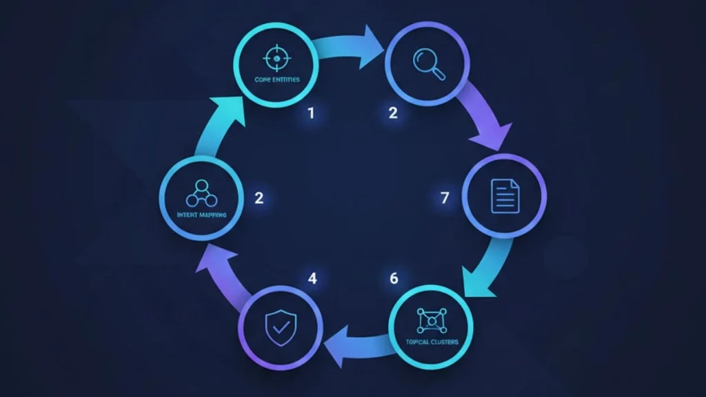 Seven-step semantic keyword research methodology flowchart showing entity mapping, competitor analysis, and content cluster building for B2B strategy