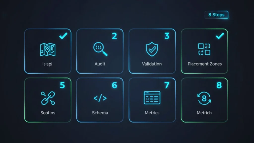 Eight-step semantic SEO optimization checklist with entity mapping, gap analysis, and Knowledge Graph validation for B2B content strategy