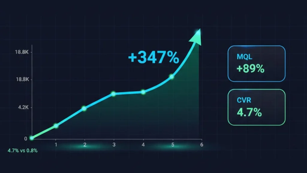 Case study results graph showing 347% organic traffic growth and 89% MQL increase through semantic SEO optimization for B2B SaaS company