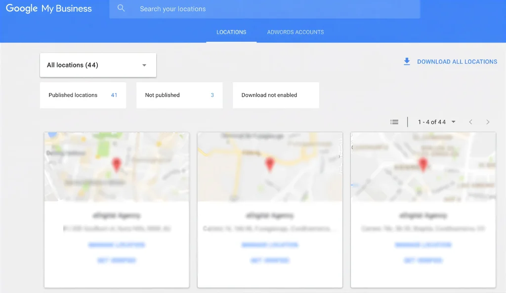 Google Business Profile dashboard showing multiple location management with profile hierarchy, location list, and performance metrics for multi-location service businesses