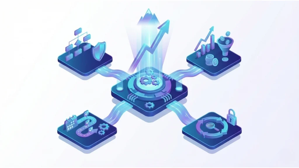 Isometric visualization of the B2B SEO Operating System Framework, connecting governance, execution, and measurement modules to revenue growth.