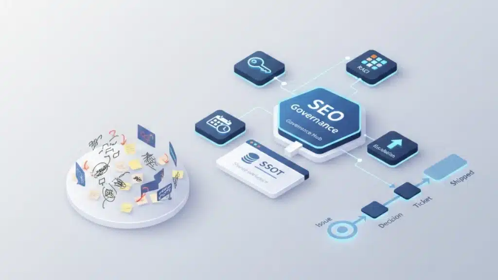 Isometric diagram contrasting chaotic meeting table with a structured B2B SEO governance system featuring decision rights, a RACI matrix, escalation tiers, execution KPIs, and an SSOT platform connected to an issue-to-shipped workflow.