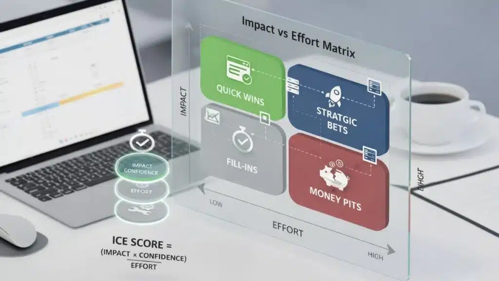 Isometric glass board showing an impact vs effort matrix with four color coded quadrants (Quick wins, Strategic bets, Fill ins, Money pits) and the ICE scoring formula (Impact × Confidence ÷ Effort) on a professional desk workspace.