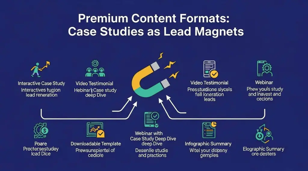 Visual comparison of premium content formats transforming case studies into lead magnets: gated PDFs, video testimonials, interactive ROI calculators, and webinar presentations shown as a multi-channel content repurposing workflow.