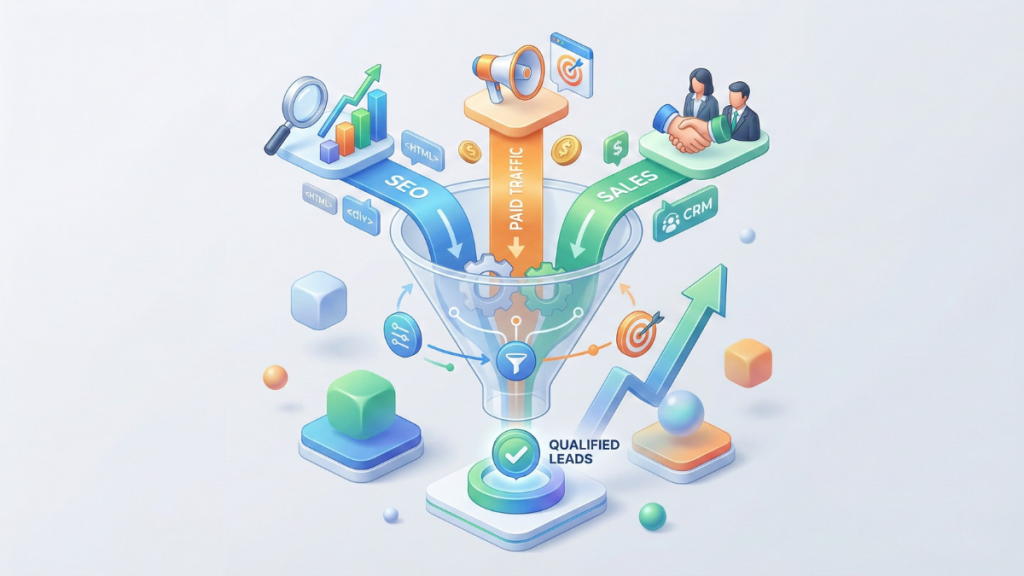 B2B lead generation funnel showing alignment between SEO, paid traffic, and sales teams