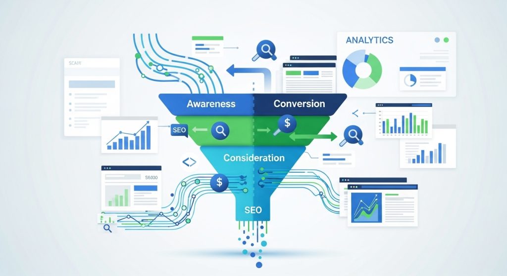 Illustration of a digital sales funnel with SEO data streams and charts showing performance analysis and friction points : Image By Ibtissam Elkaroui & image Fx