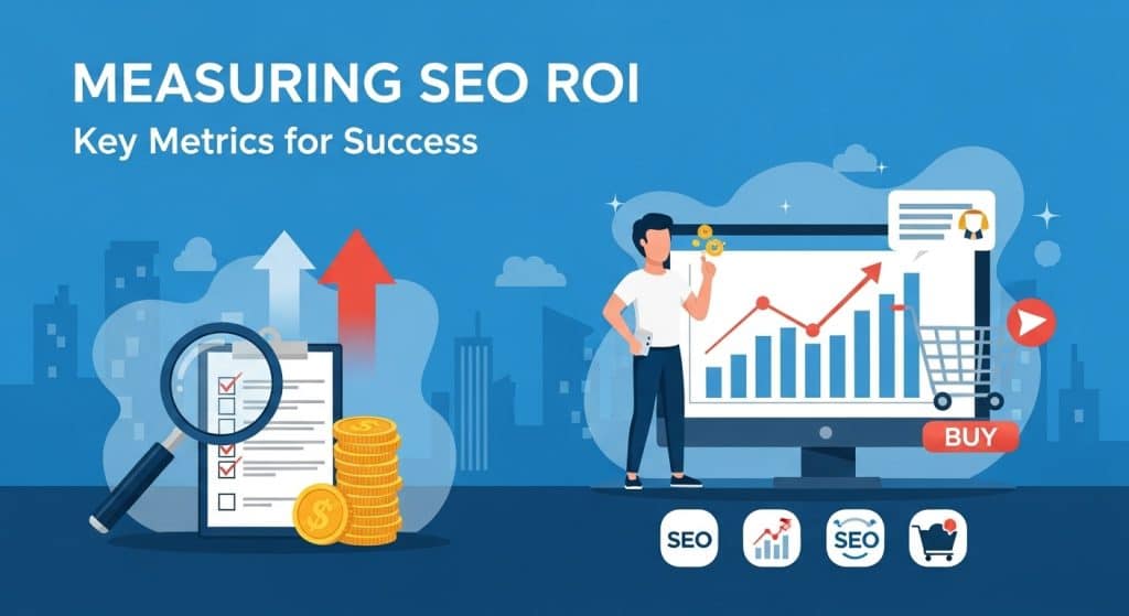 Infographic illustrating key SEO ROI metrics including organic traffic, conversion rate, and revenue.